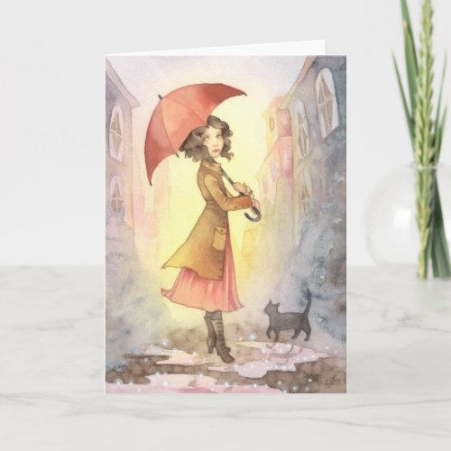 Foggy Morning - Girl and Cat Greeting Card