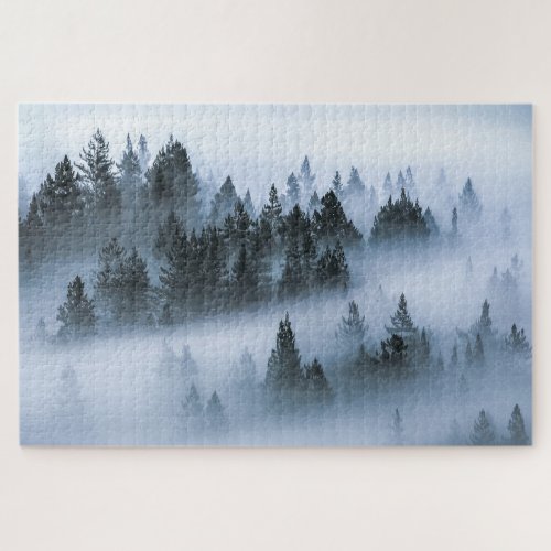 Foggy Mountain Pine Trees Outdoor Winter Photo Jigsaw Puzzle