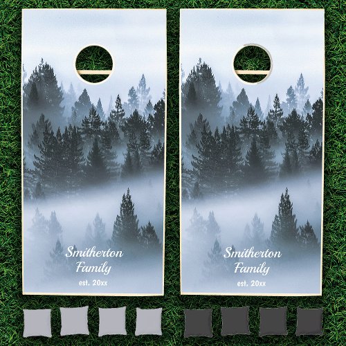 Foggy Mountain Pine Trees Winter Family Name  Cornhole Set