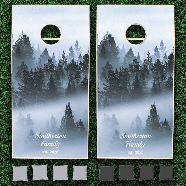 Foggy Mountain Pine Trees Winter Family Name  Cornhole Set (Misty, fog covered mountains and pine trees custom cornhole set. Personalize with your own text.)