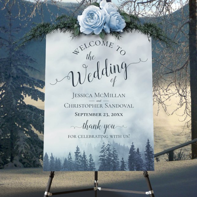 Foggy Mountain Pines Blue Wedding Welcome Foam Board (In Situ on Stand with Flowers)