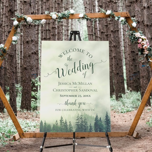 Foggy Mountain Pines Green Wedding Welcome Foam Board (In Situ on Stand Outside)