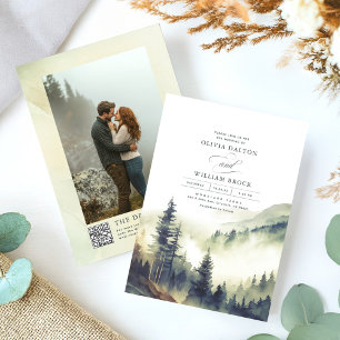 Foggy Mountain Pines Rustic QR Code Wedding Invitation