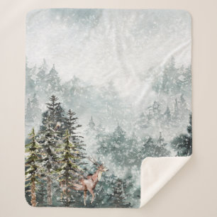 Foggy Mountain Snowy Winter Woodland Forest Deer Sherpa Blanket