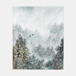 Foggy Mountain Snowy Winter Woodland Forest Ravens Fleece Blanket