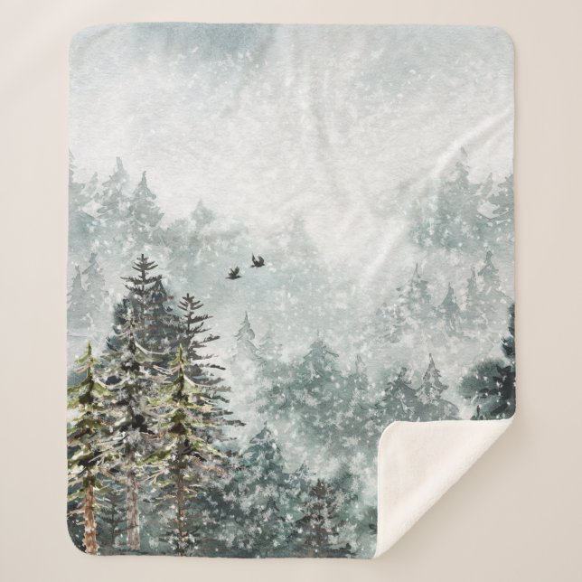 Foggy Mountain Snowy Winter Woodland Forest Ravens Sherpa Blanket (Front)