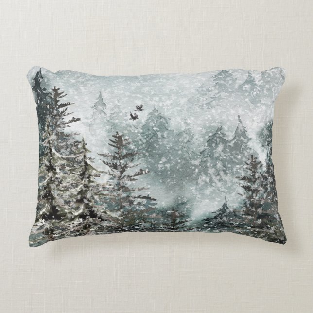 Foggy Mountain Snowy Woodland Forest Ravens Accent Pillow (Front)