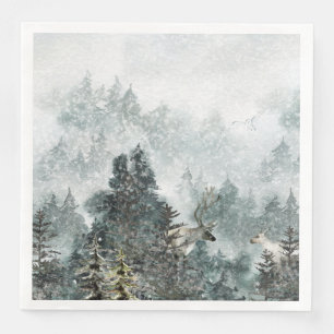 Foggy Mountain Snowy Woodland Forest Stag Deer Paper Dinner Napkins