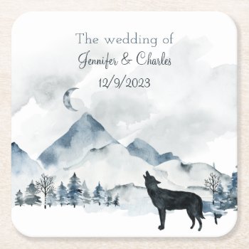 Foggy Mountain Watercolor Wedding Square Paper Coaster by Myweddingday at Zazzle