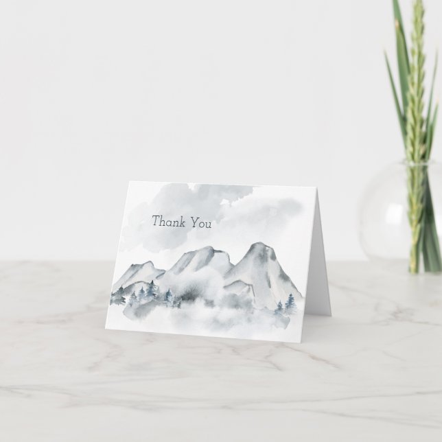 Foggy Mountain Watercolor Wedding Thank You Card (Front)