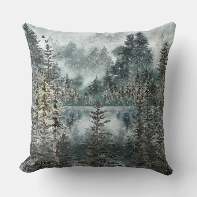 Foggy Mountain Woodland Forest Frozen Winter Lake Throw Pillow (Front)