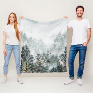 Foggy Mountain Woodland Forest Stag Deer Fleece Blanket