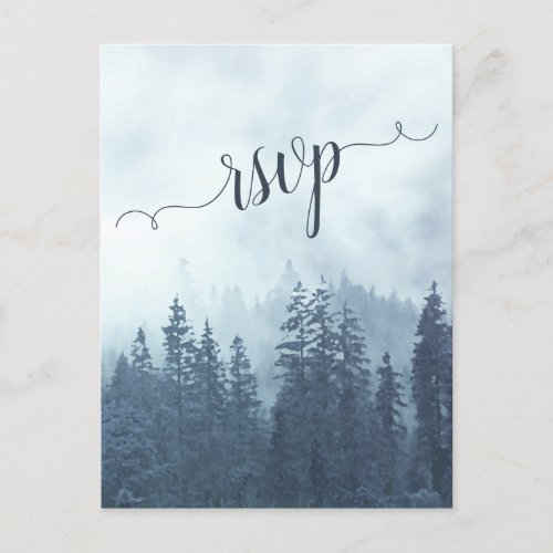 Foggy Mountains Blue Pine Forest Wedding RSVP Postcard