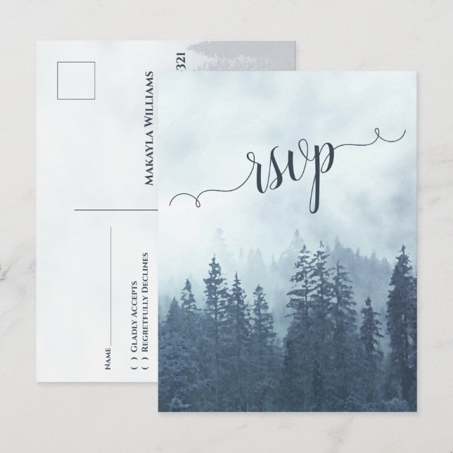Foggy Mountains Blue Pine Forest Wedding RSVP Postcard (Front/Back)