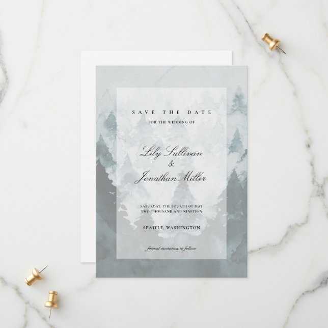 Foggy Mountains Sheer Overlay Ethereal Lux Wedding Save The Date (Front/Back In Situ)