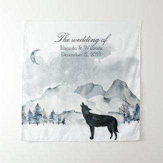 Foggy Mountains Watercolor Wedding Tapestry
