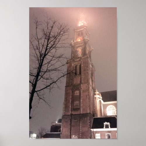 Foggy Night Amsterdam Westertoren Church Tower Poster