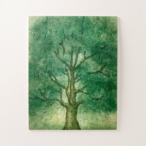 Foggy Oak Tree Watercolor  Ink Painting Jigsaw Pu Jigsaw Puzzle