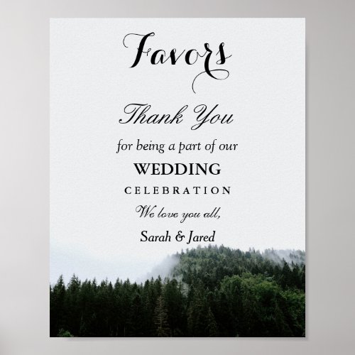 Foggy Pine Trees Rain Forest Wedding Favors Sign