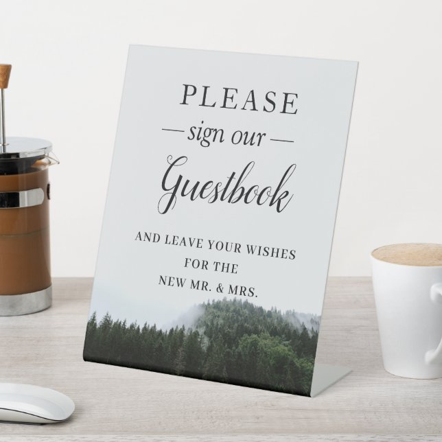 Foggy Pine Trees Rain Forest Wedding Guestbook  Pedestal Sign (In SItu)