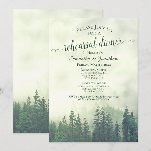 Foggy Pine Woods Green Wedding Rehearsal & Dinner Invitation (Front/Back)