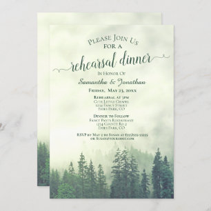 Foggy Pine Woods Green Wedding Rehearsal & Dinner Invitation