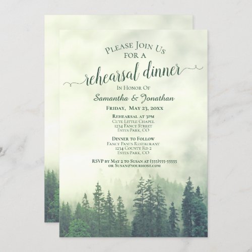 Foggy Pine Woods Green Wedding Rehearsal  Dinner Invitation