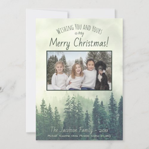 Foggy Pines 1 Photo Rustic Watercolor Christmas Holiday Card