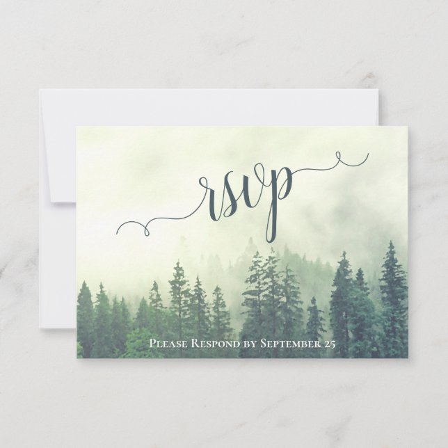Foggy Pines Rustic Green Forest Outdoor Wedding RSVP Card (Front)