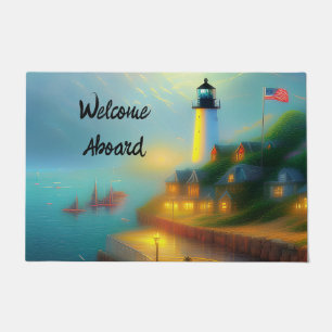 Foggy seaport and lighhouse doormat