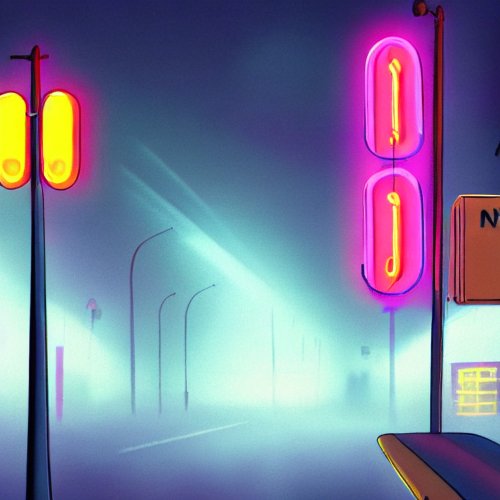 Foggy Street Flooded by light poles and neon signs