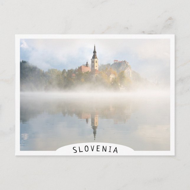 Foggy sunrise at Lake Bled Postcard (Front)