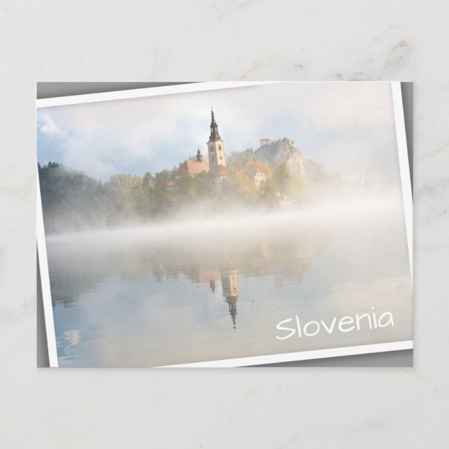 Foggy sunrise at Lake Bled Postcard (Front)
