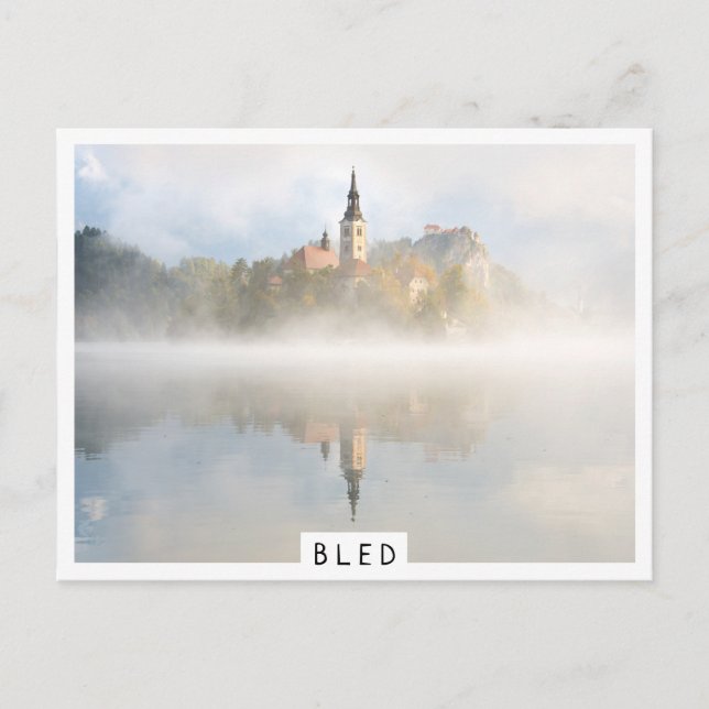 Foggy sunrise at Lake Bled Postcard (Front)