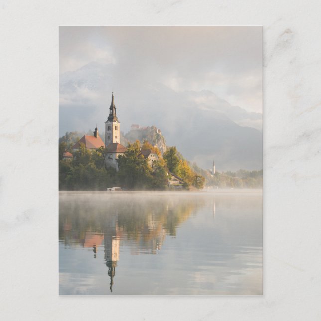 Foggy sunrise Lake Bled vertical postcard (Front)