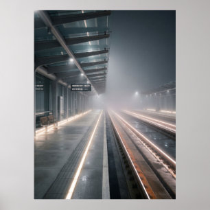 Foggy Train Station Night Lights Poster