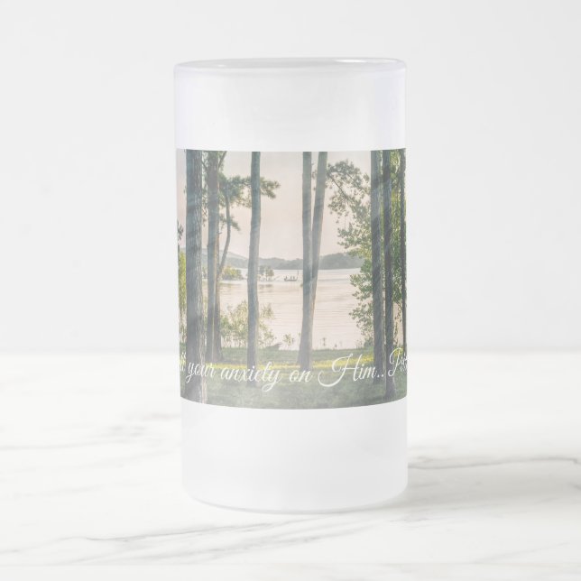 Foggy Trees At Table Rock Bible Verse Frosted Glass Beer Mug (Center)