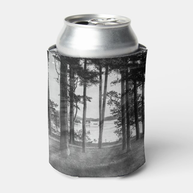 Foggy Trees At Table Rock Graysale Can Cooler (Can Front)