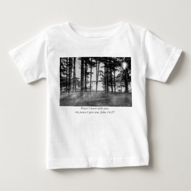 Foggy Trees At Table Rock Grayscale Bible Verse Baby T-Shirt (Front)
