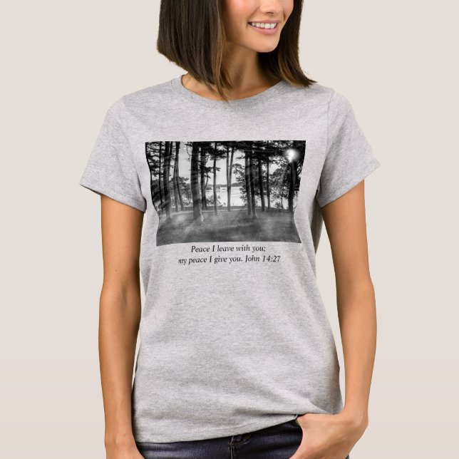 Foggy Trees At Table Rock Grayscale Bible Verse T-Shirt (Front)