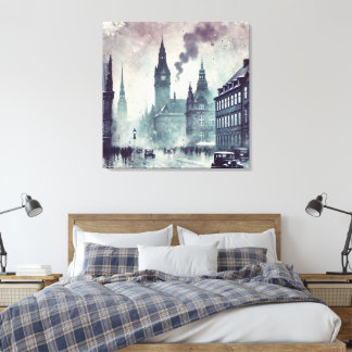 Foggy Urban Scene Building, Cathedral, Vintage Car Canvas Print