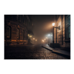 Foggy Victorian Cobblestone Alley Glow Poster