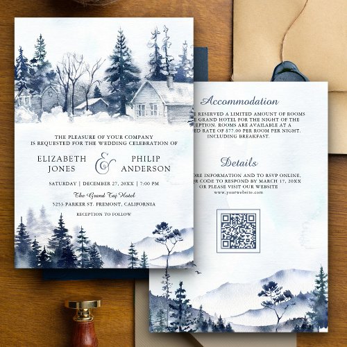Foggy Winter Mountain Pine Forest QR Code Wedding Invitation