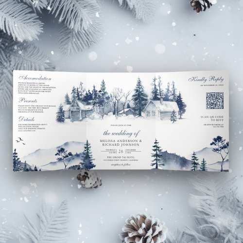 Foggy Winter Mountain Pine Forest QR Code Wedding Tri_Fold Invitation