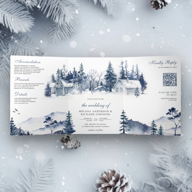 Foggy Winter Mountain Pine Forest QR Code Wedding Tri-Fold Invitation (Creator Uploaded)
