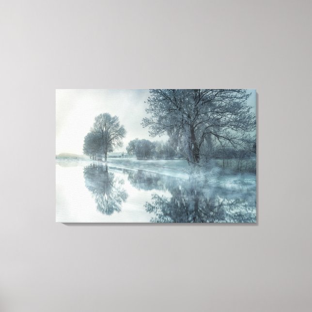 Foggy Winter Scene of a Lake, with Trees, and Sky Canvas Print (Front)
