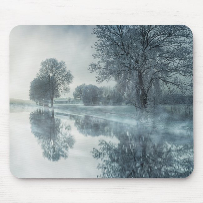 Foggy Winter Scene of a Lake, with Trees, and Sky