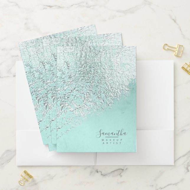 Foil Abstract Silver Teal ID775 Pocket Folder (In Situ)