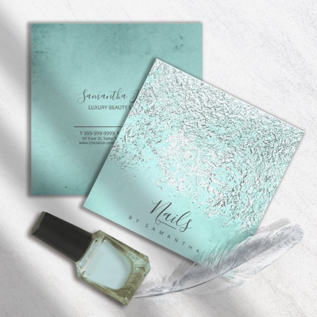 Foil Abstract Silver Teal ID775 Square Business Card
