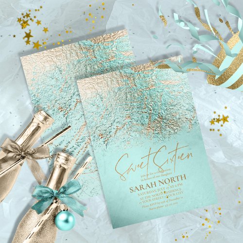 Foil Abstract Sweet Sixteen Gold Teal  ID776 Invitation